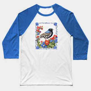 A Lark Bunting Surrounded by Colorado Blue Columbine Border Cut Out Baseball T-Shirt